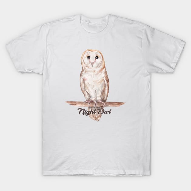 Night Owl Watercolor Cute Illustration T-Shirt by wanderinglaur